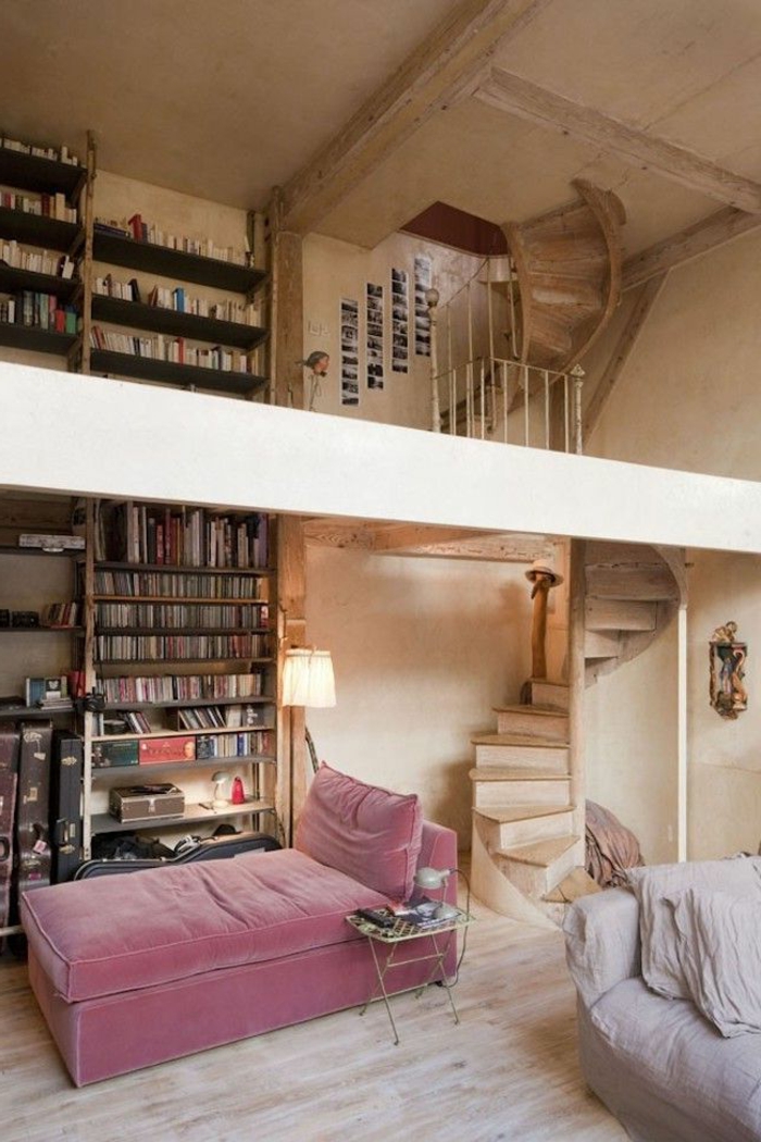 لولبية الدرج الخشب غرفة المعيشة ريفي مكتبة