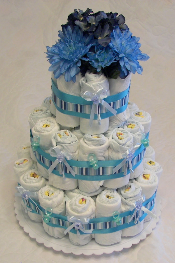Diaper kakku käsityöt ohjeet vauva lahjoja syntymä sininen kukkia