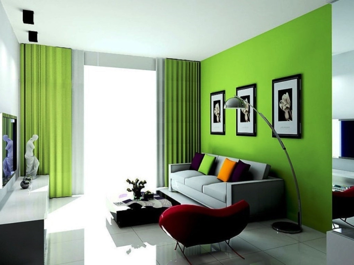 ζωντανή ιδέα σαλόνι πράσινο accents κουρτίνες τοίχο προφορά