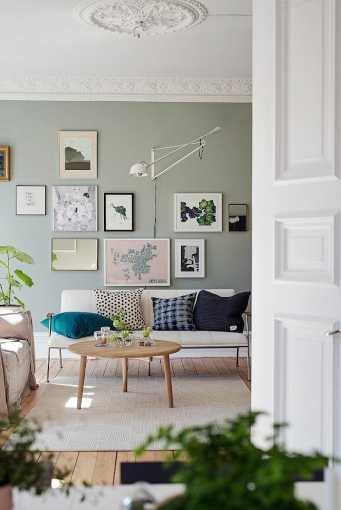ζωντανή ιδέα σαλόνι ανοιχτό πράσινο χρώμα τοίχο σκανδιναβικό στυλ δροσερό τοίχο λάμπα