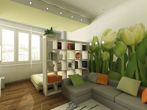 enkeltværelse lejlighed oprettet i grøn hylde sovesofa