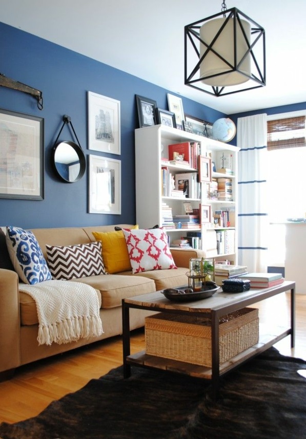 idei de viață living living cameră culori perete design albastru