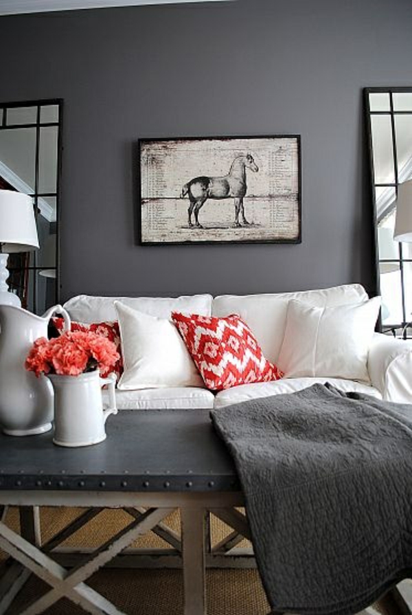 obývací pokoj pohovka barvy stěna design šedá polštář červená