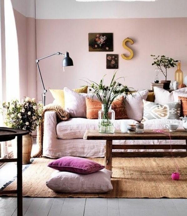 Ζώντας ιδέες για διακόσμηση τοίχων ροζ χρώματα στο σαλόνι