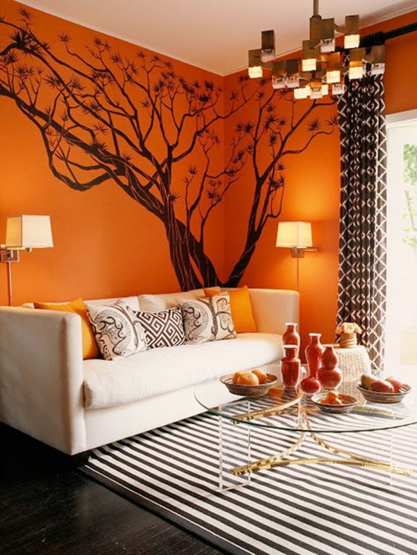 vie idées orange salon couleurs décoration murale stickers muraux