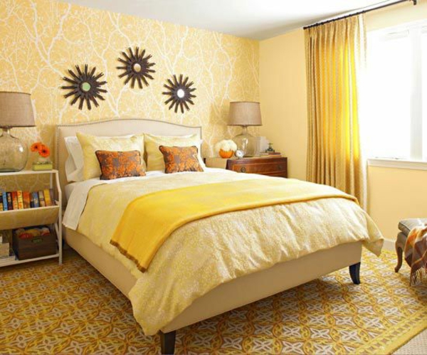 barevné nápady ložnice žlutá design posteli tapety
