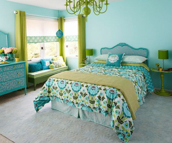 barevné schémata ložnice zelené a tyrkysové