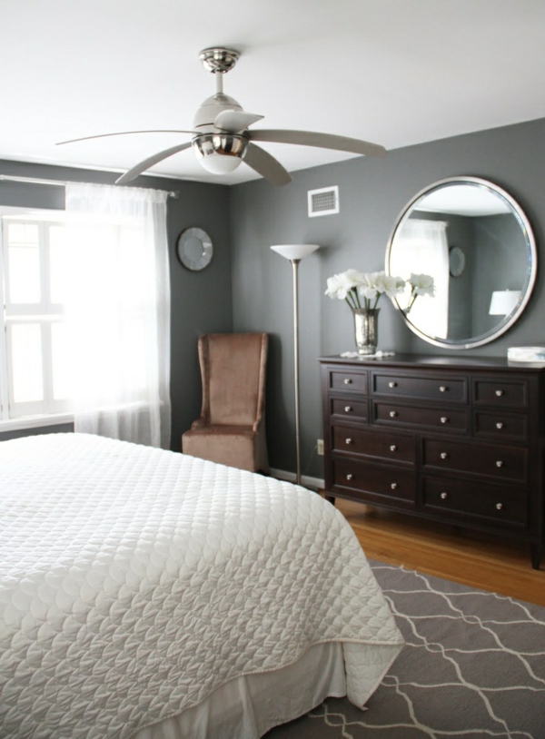 farve ideer soveværelse grå væg design kommode seng