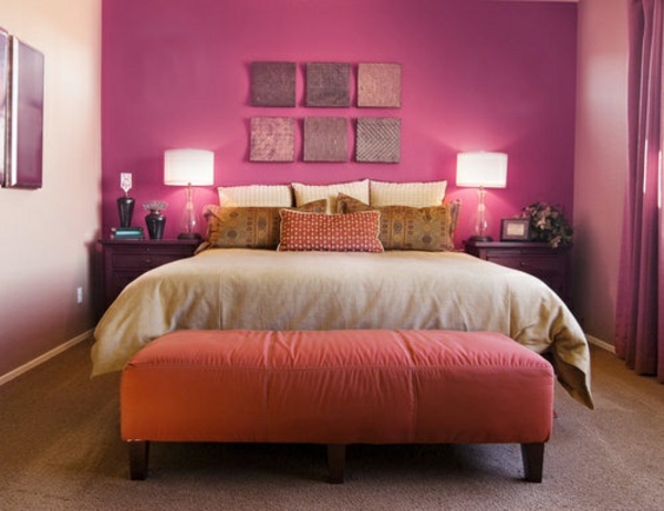 farve ideer soveværelse lyserød væg design seng bænk seng
