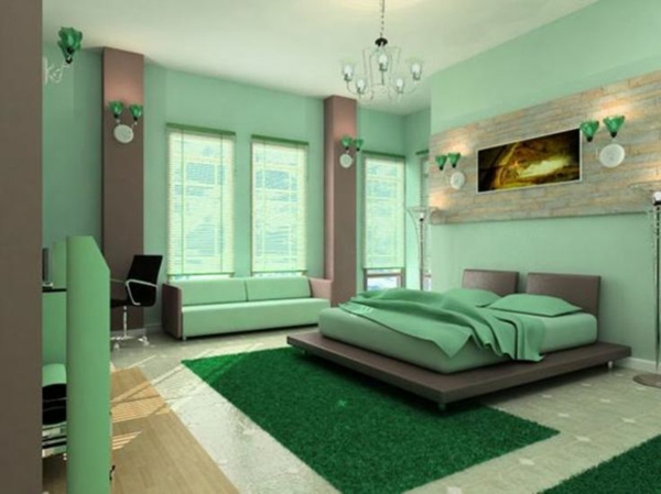 barevné nápady ložnice letní barvy zelená stěna design