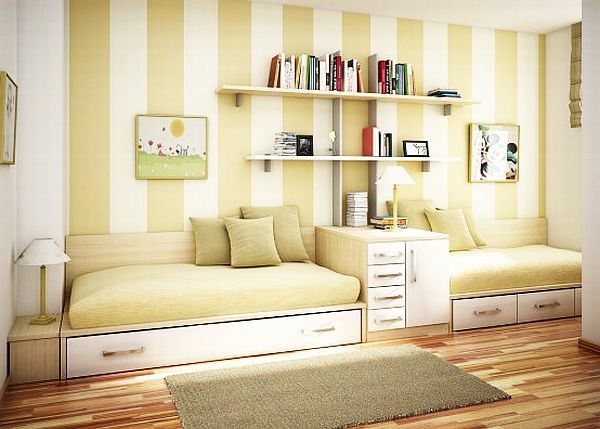 Jugendzimmergestaltung Gele plank met 2 bedden