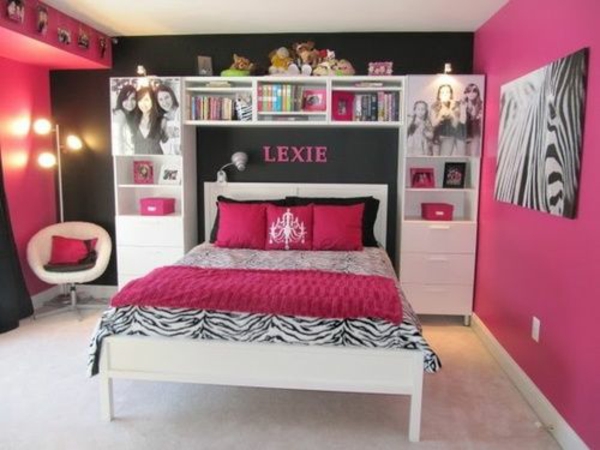 ungdomsrum design seng hylde system lyserøde væg design