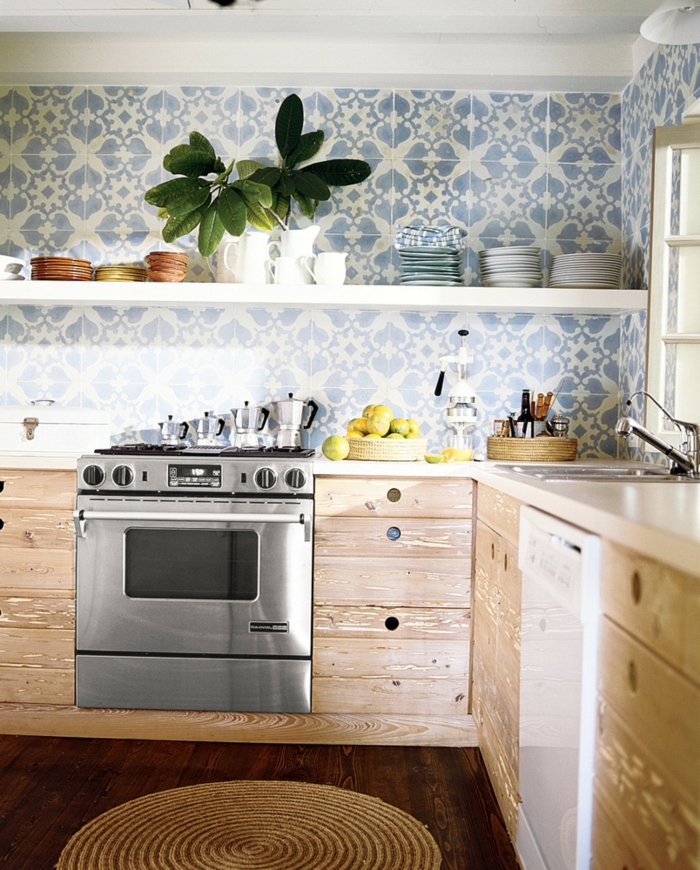 σπίτι διακόσμηση κουζίνα floral μοτίβο πλακάκι ξύλινα ντουλάπια κουζίνας στρογγυλό χαλί