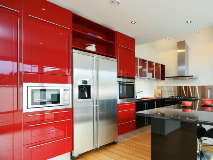 ζωντανή κουζίνα ιδέες σύγχρονες λαβές ντουλάπια κουζίνας κόκκινα