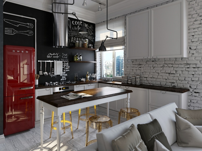 живи идеи кухня черен стенен панел червен хладилник отворен план