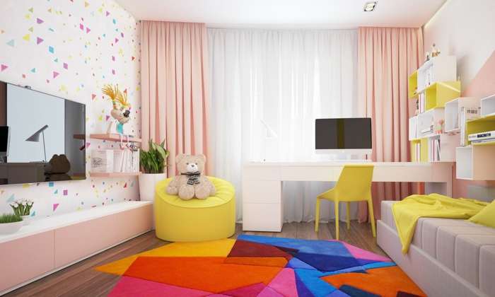 家居装饰孩子房间彩色地毯新鲜的墙壁设计黄色口音