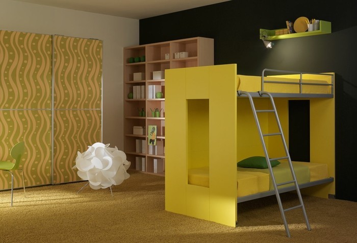 أفكار المعيشة للأطفال غرفة الأطفال عالية سرير أصفر تصميم السجاد الكلمة ضوء بارد