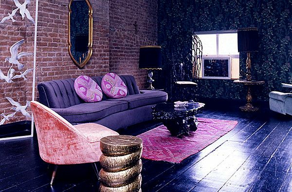 home decor paars en donkerblauw woonkamer sofa fauteuil tafel