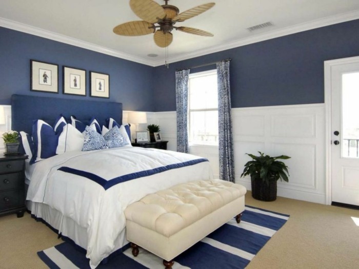 家居装饰卧室蓝色口音墙条纹地毯植物窗帘