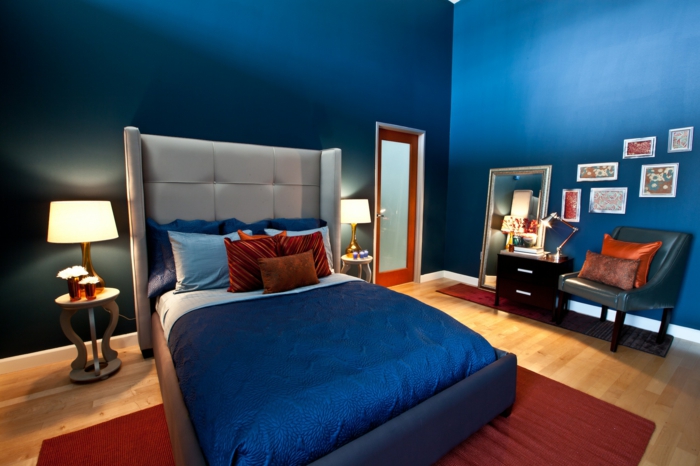 living ideas bedroom blue wall paint alfombra roja cama gris