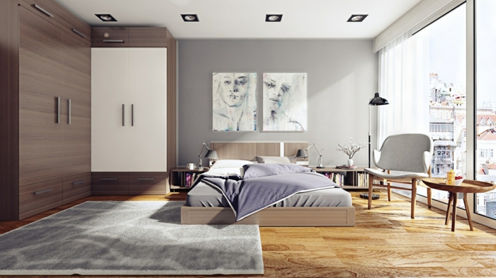 生活理念卧室地板木质外观浅灰色墙面优雅地毯
