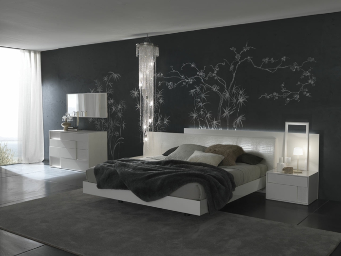 домашен декор спалня тъмни стени подови плочки красив полилей