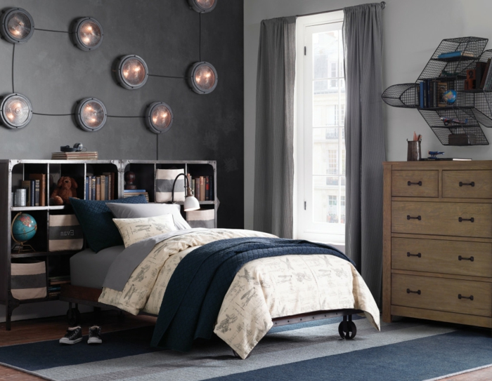 生活理念卧室男生房间灰色墙壁条纹地毯很酷的照明