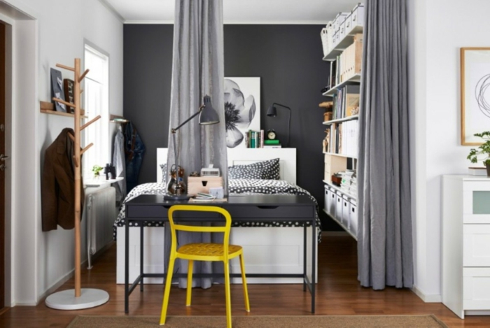 живи идеи спалня малка спалня, създадена сиво жълт стол