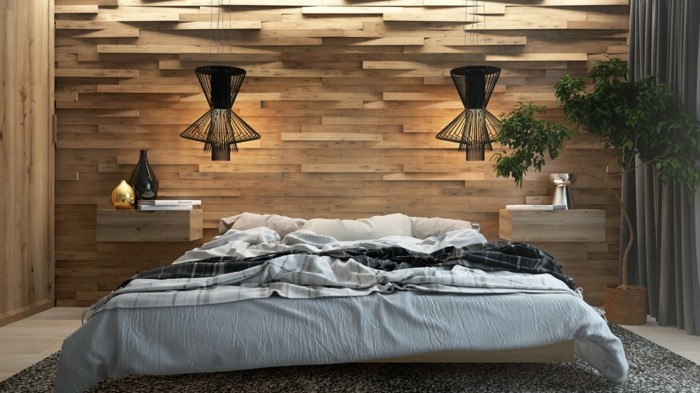 Wohnideen μοντέρνο υπνοδωμάτιο με ξύλινα πλαίσια και μαύρες κρέμες