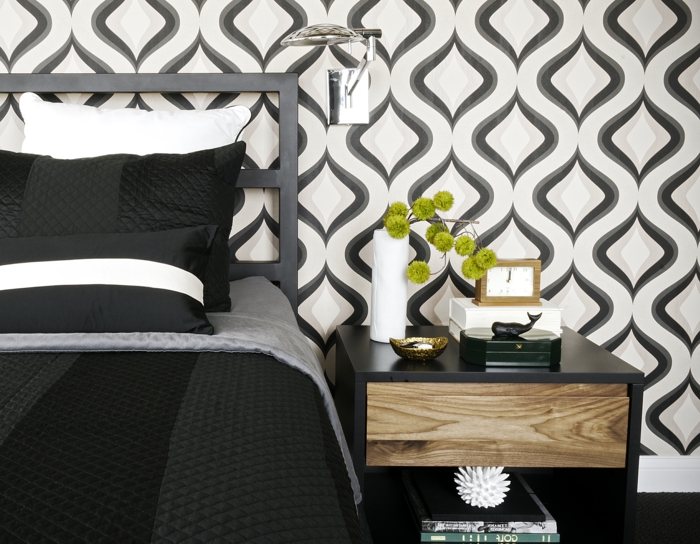 家居装饰卧室壁纸优雅图案黑色寝具