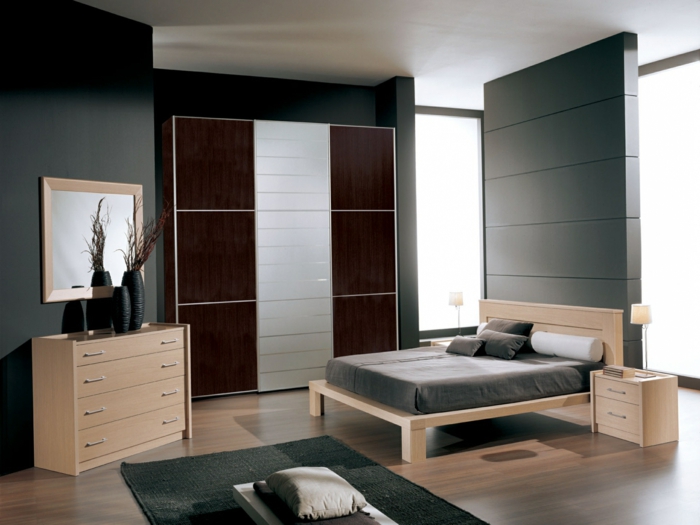 живи идеи спалня стена дизайн сив сив килим бегач ярки мебели