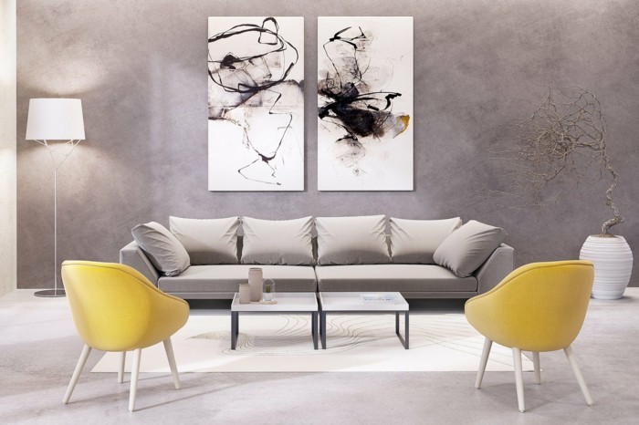 elävät ideoita olohuone abstrakti taide ja keltaiset nojatuolit