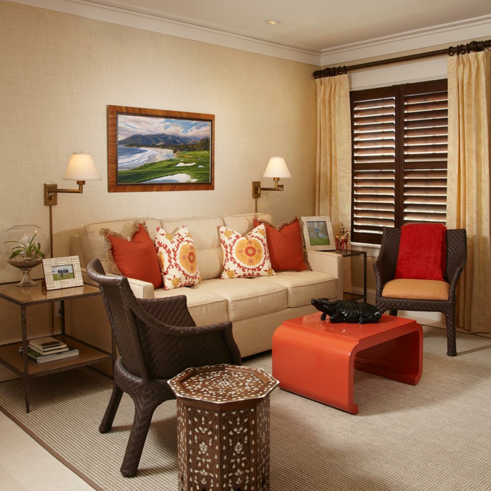 obývací pokoj obývací pokoj stěny béžový oranžový konferenční stolek sisal koberec