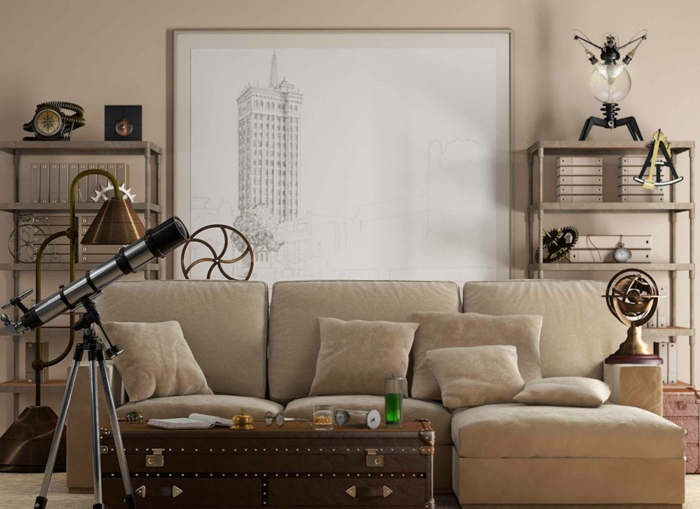 elävät ideoita olohuoneen seinät beige tyylikäs olohuone sohva vintage sohvapöytä