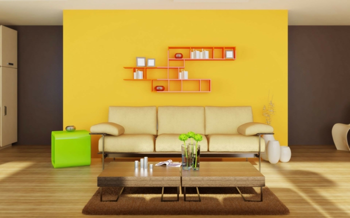 obývací pokoj obývací pokoj béžová pohovka hnědý koberec žlutá zeď
