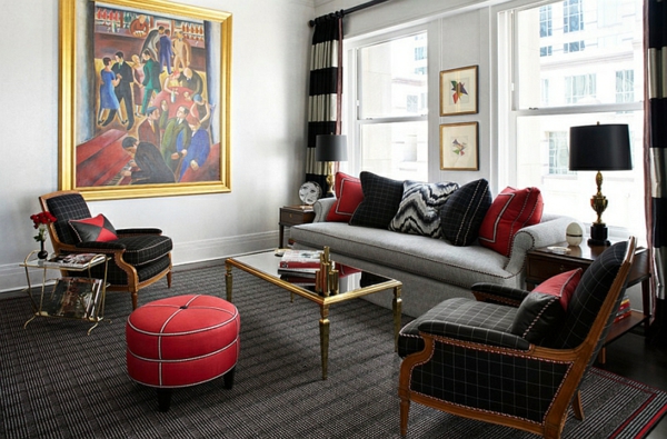 obývací pokoj design pohovka křeslo červená židle stolní lampy