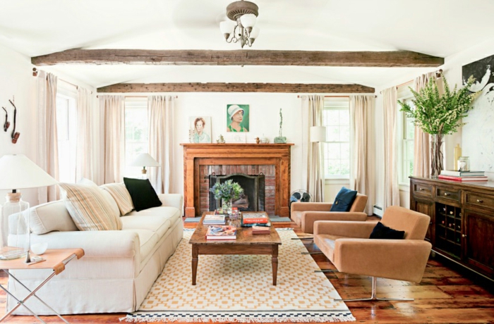 živé nápady obývací pokoj eklektický dřevěný stůl krb