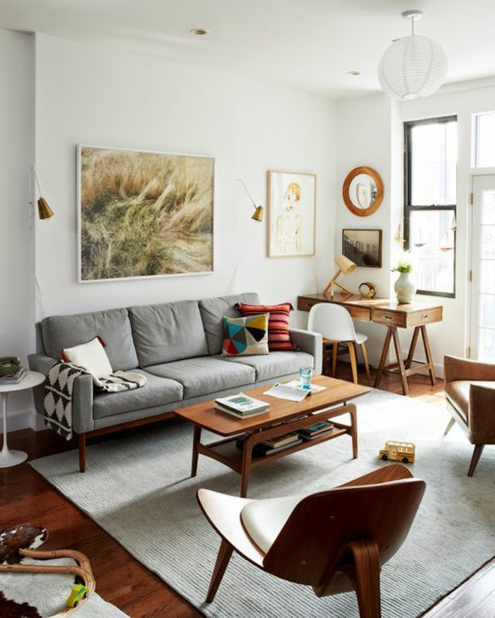 levende ideer stue nyanser av grått tre møbler veggdekorasjon