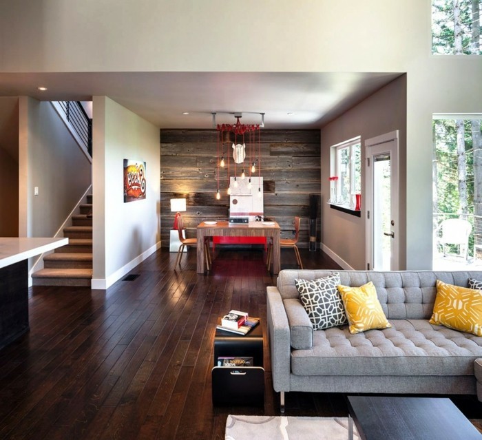 ideas vivas sala de estar piso de madera sofá gris plan abierto