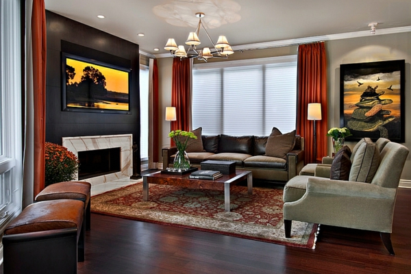 živé nápady obývací pokoj červené závěsy pohovky koberec ohnisko obrazy