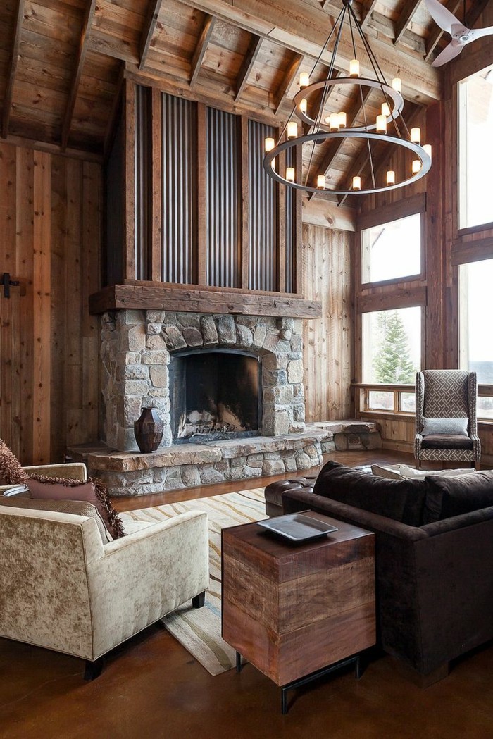 生活的想法客厅壁炉石头美丽的地毯木材口音