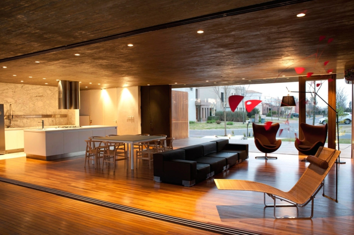 živé nápady obývací pokoj otevřený plán chladné světla kuchyně