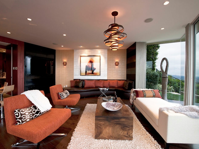 levende ideer stue orangemøbler rustikke sofabord forsænket belysning