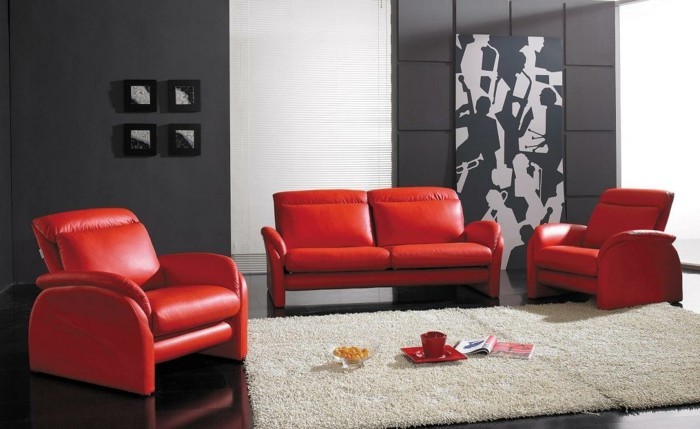 ideas vivas muebles de cuero rojo paredes gris oscuro alfombra clara