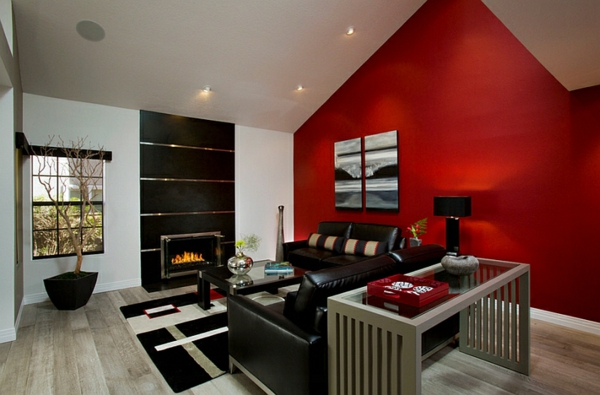 idei de viață living living roșu accent perete mobilier din piele