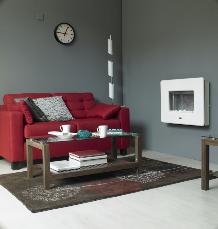 levende ideer stue rød sofa grå vægge lille værelse