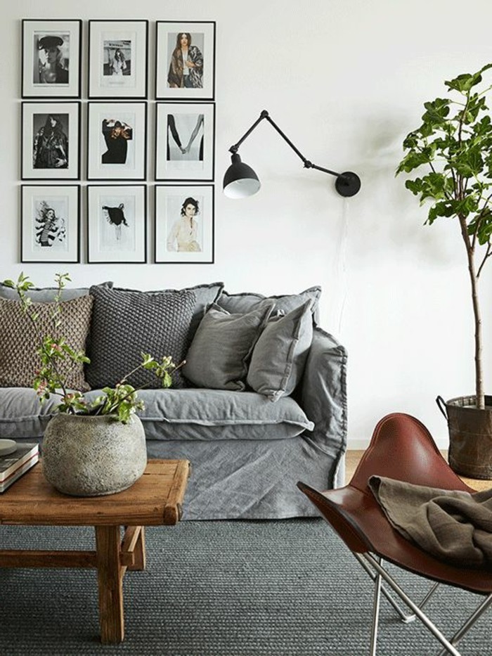 vie idées salon canapé couverture gris plantes murales gris tapis