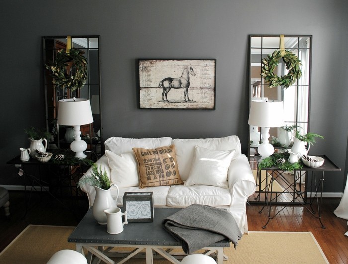 stue stue vægge grå sisal tæppe spejl planter