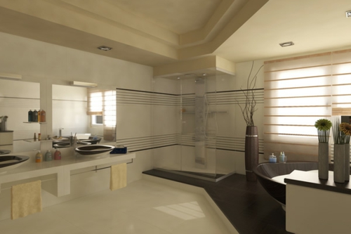 家常舒适的浴室设计理念水槽黑色地板花瓶