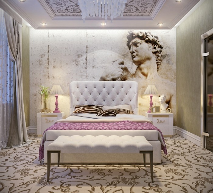 επίπεδη διακόσμηση ιδέες υπνοδωμάτιο art deco όμορφο πάγκο υπνοδωματίου χαλί